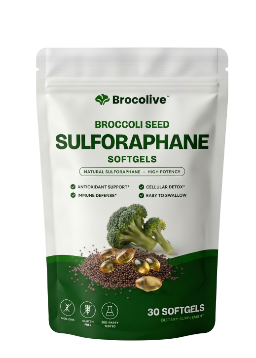 A pouch of Brocolive Broccoli Seed Sulforaphane softgels with broccoli florets, seeds, and capsules.