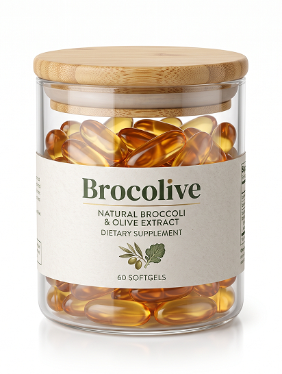 A glass jar with a bamboo lid, filled with Brocolive Natural Broccoli & Olive Extract dietary supplement softgels.