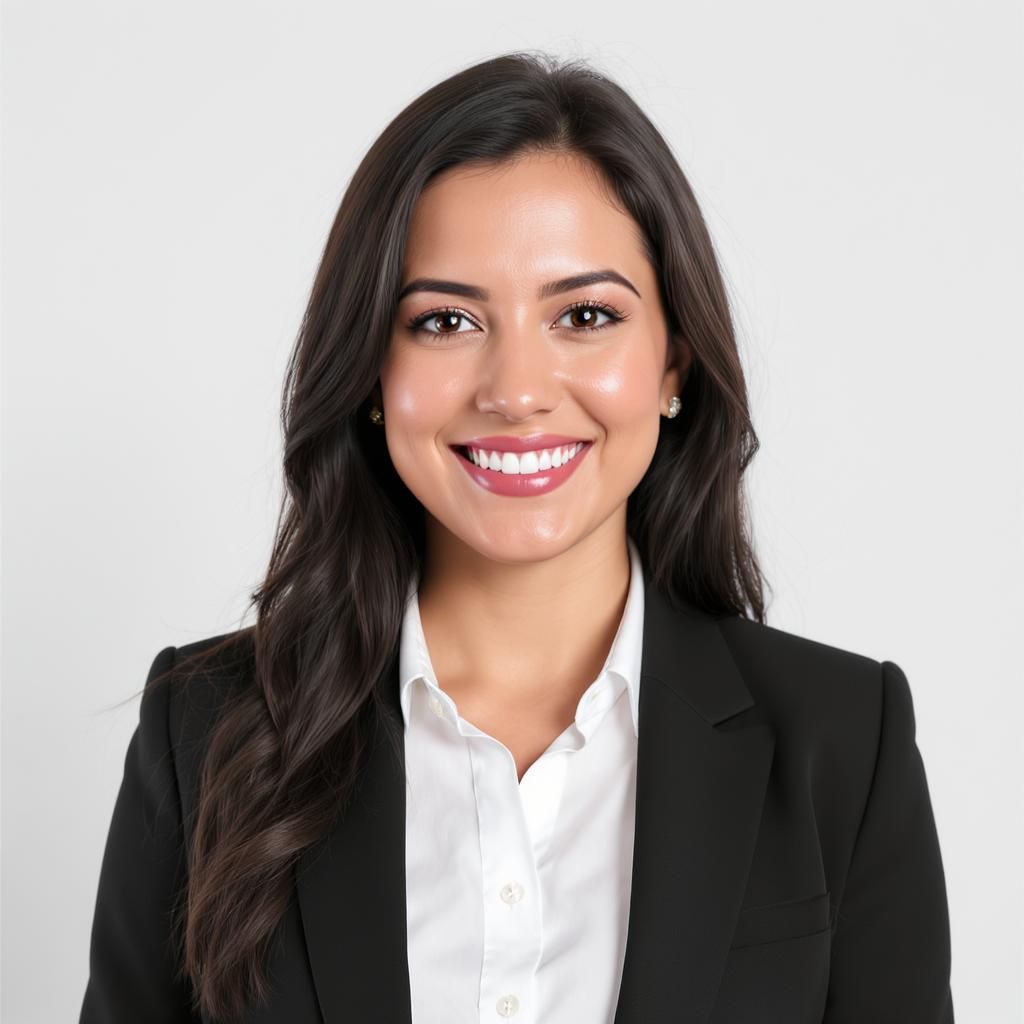 A professional headshot of a smiling woman with long dark hair, wearing a black blazer and white shirt.