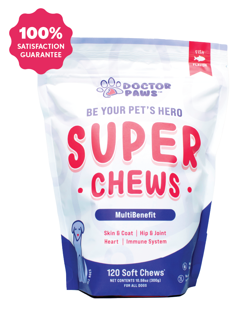 A bag of Doctor Paws Super Chews, a multibenefit fish-flavored supplement for dogs.