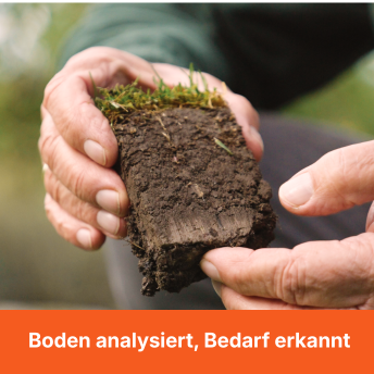 A person's hands hold up a square of turf, showing a cross-section of the soil and grass.