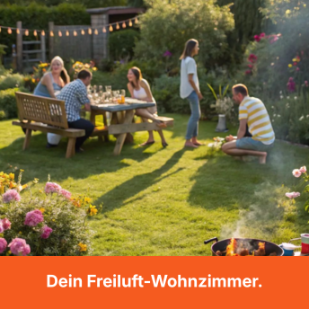 A group of friends enjoying a barbecue in a lush green backyard on a sunny day.