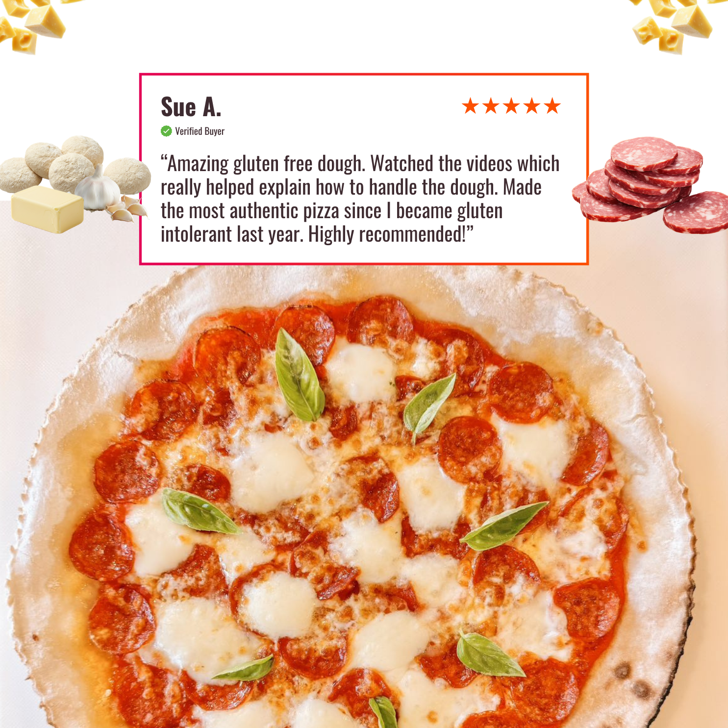 A pepperoni pizza with a five-star customer review for gluten-free dough and pictures of ingredients.