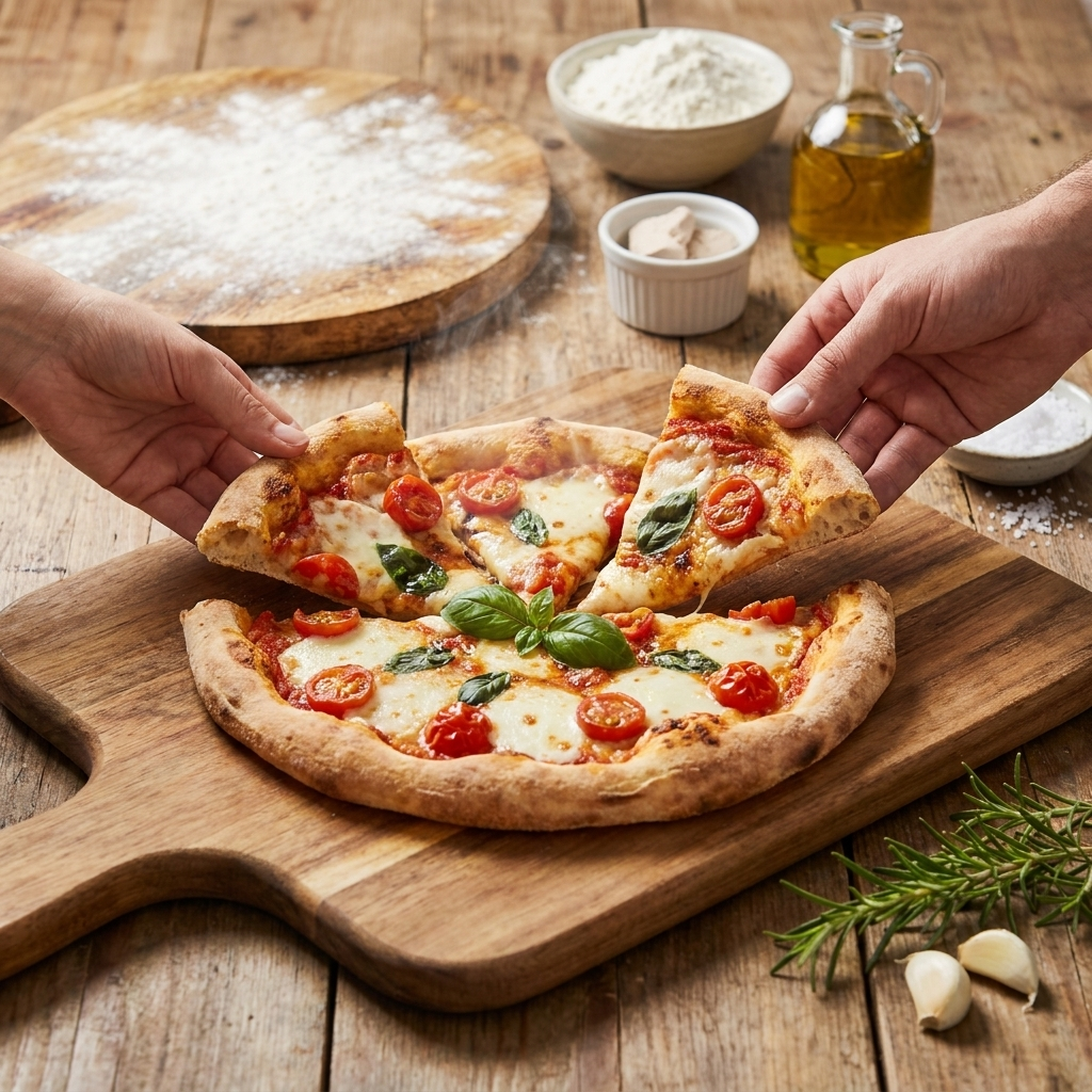 Two hands take slices from a freshly baked Margherita pizza on a wooden board, with ingredients nearby.