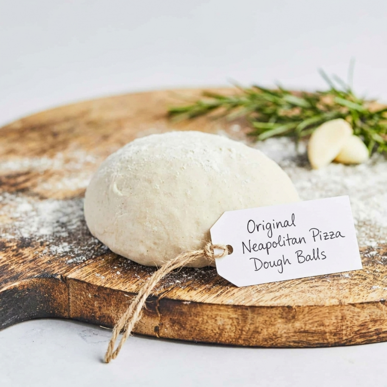 A ball of Neapolitan pizza dough with a handwritten tag on a floured wooden board with rosemary behind.