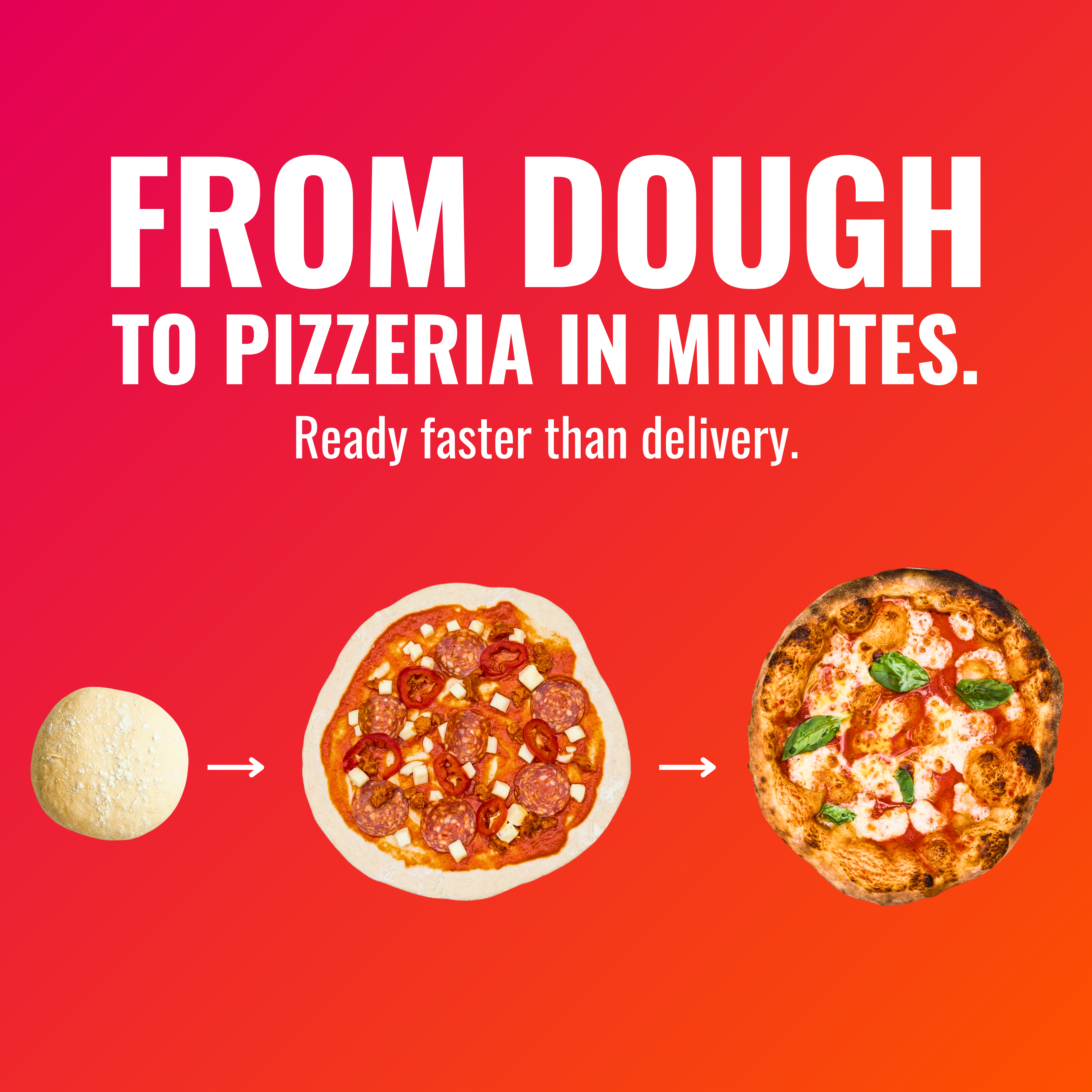 An ad showing the progression from a ball of dough, to an uncooked pizza, to a cooked pizza.