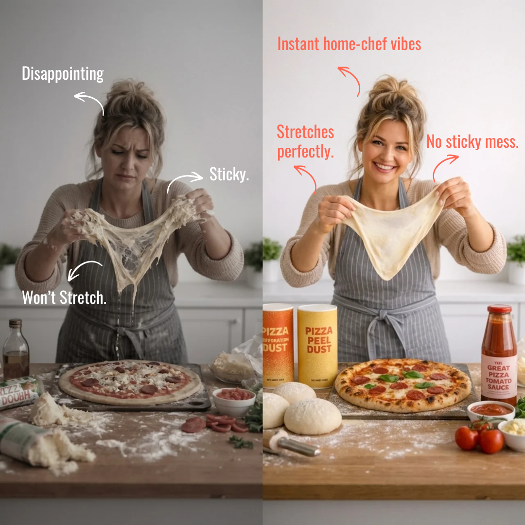 A split image showing a woman frustrated with sticky pizza dough and then happy with perfect dough.