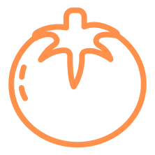 An orange line drawing icon of a tomato on a white background.