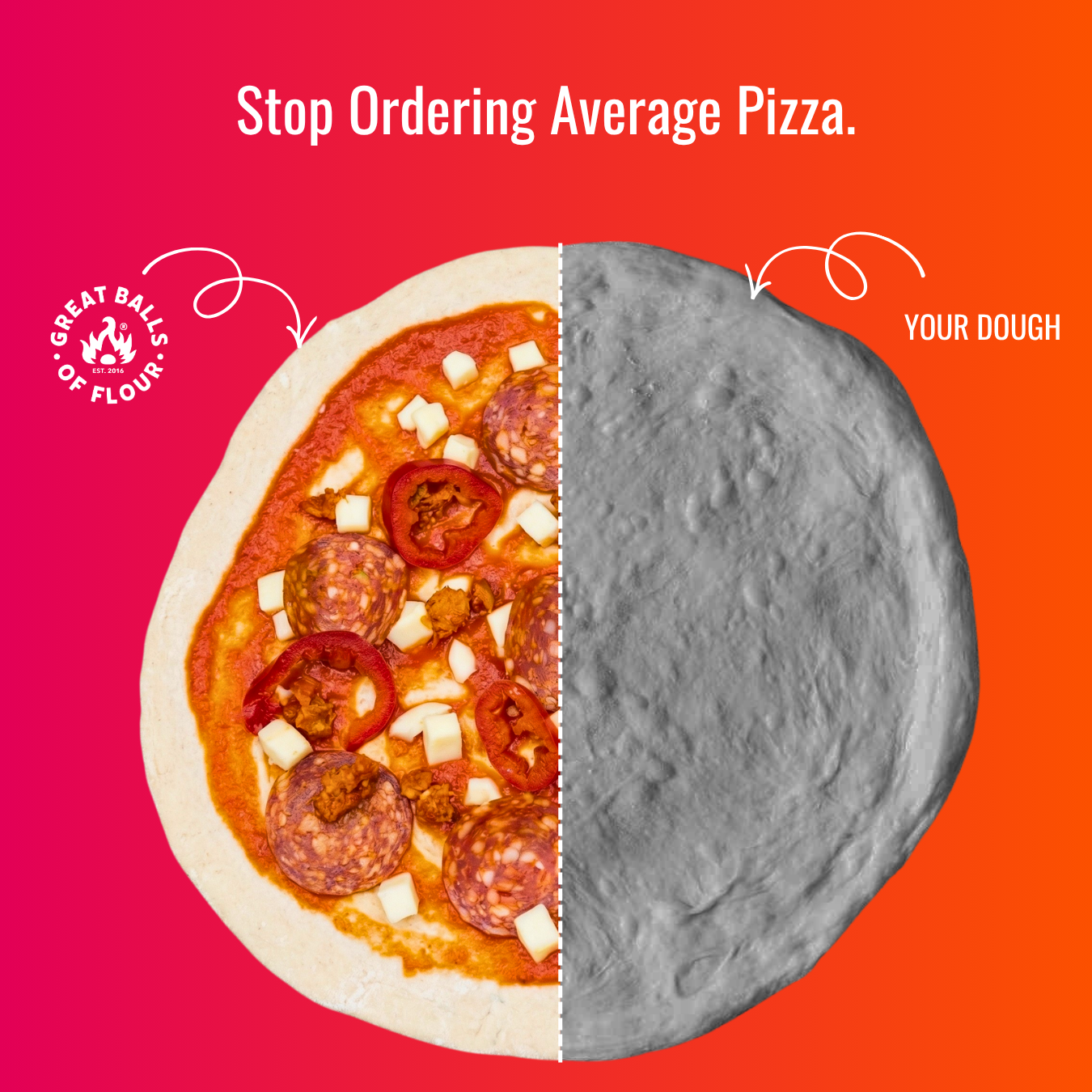 A split image comparing a pizza with toppings on the left to plain gray dough on the right.