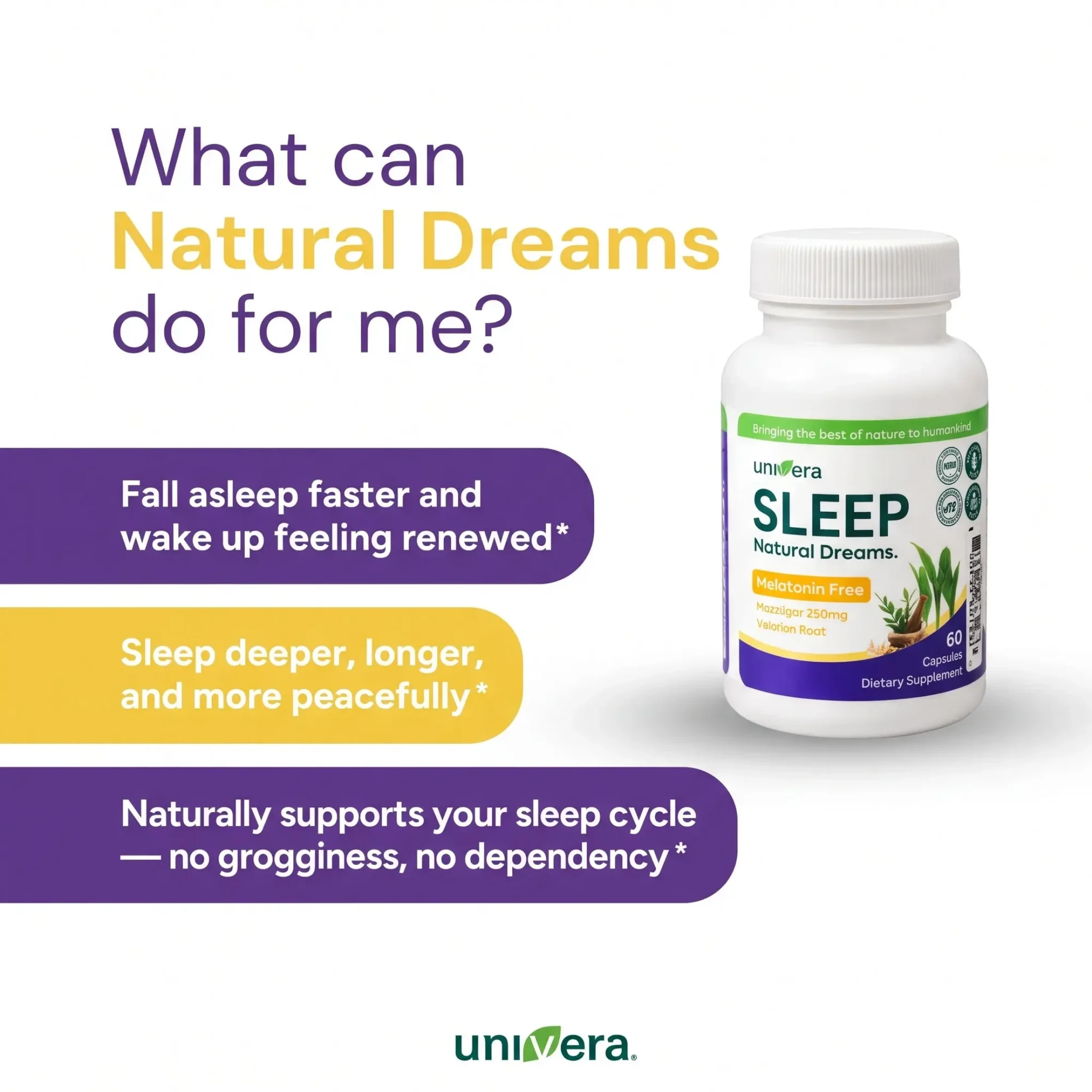 An advertisement for Univera's Natural Dreams sleep supplement showing the product bottle and listing its benefits.