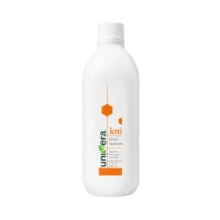 A white bottle of Univera Km with an orange and green label against a white background.