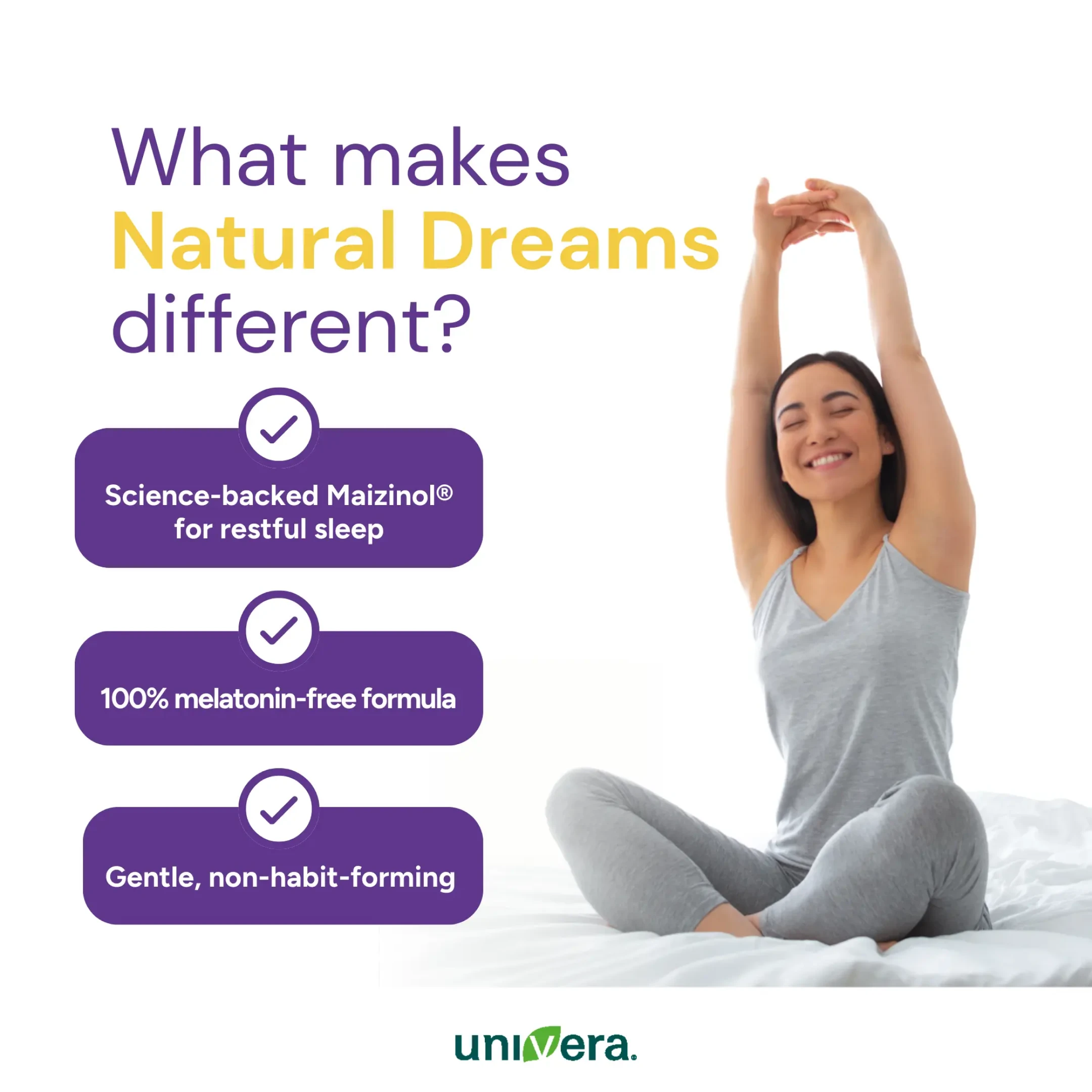 A woman stretches in bed next to a list of benefits for the sleep product Natural Dreams.