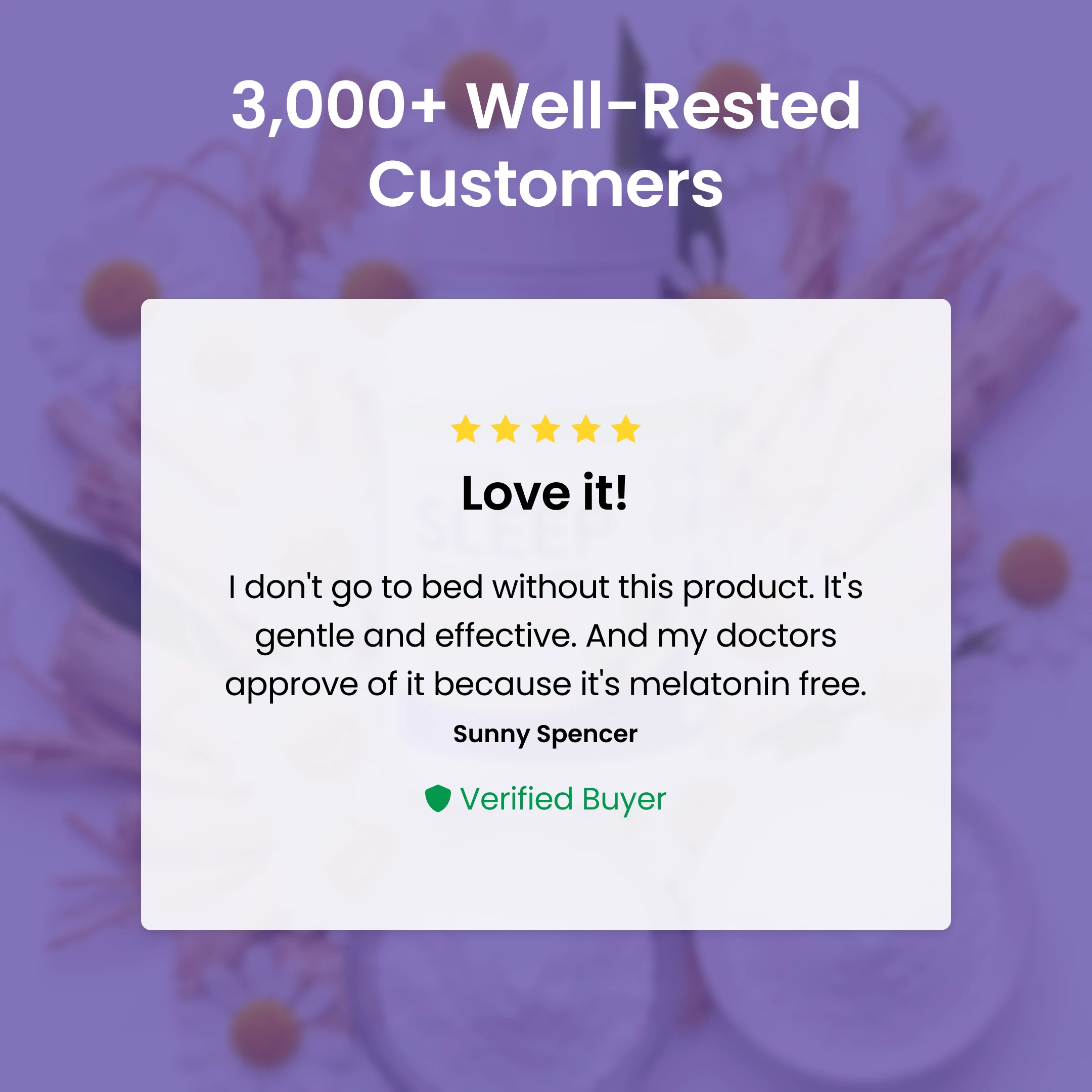A graphic showing a five-star customer review from Sunny Spencer, titled 'Love it!', on a purple background.
