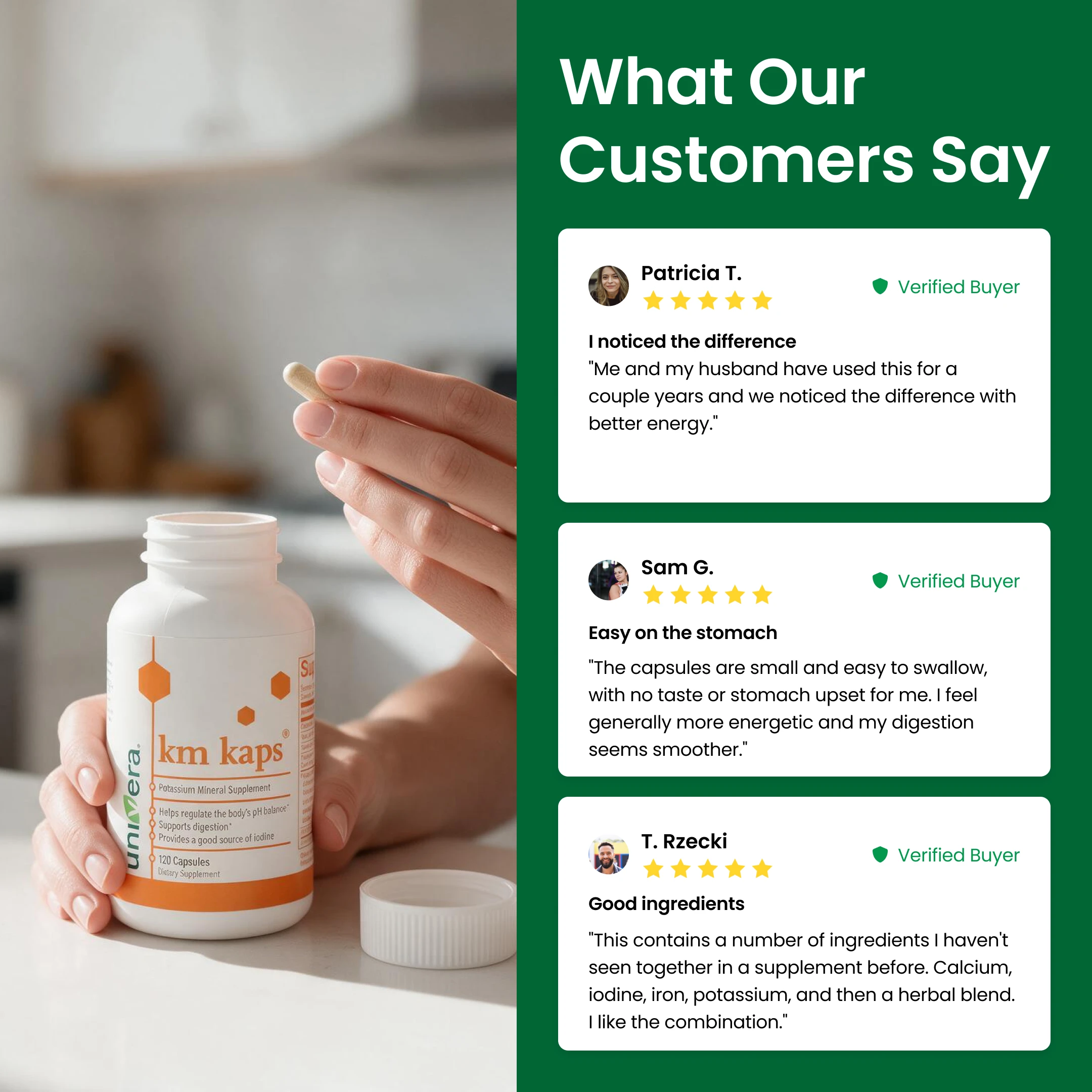 An ad for Univera supplements, showing a capsule and bottle next to customer testimonials.
