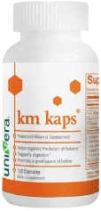 A white bottle of Univera km kaps, a potassium mineral supplement with 120 capsules.