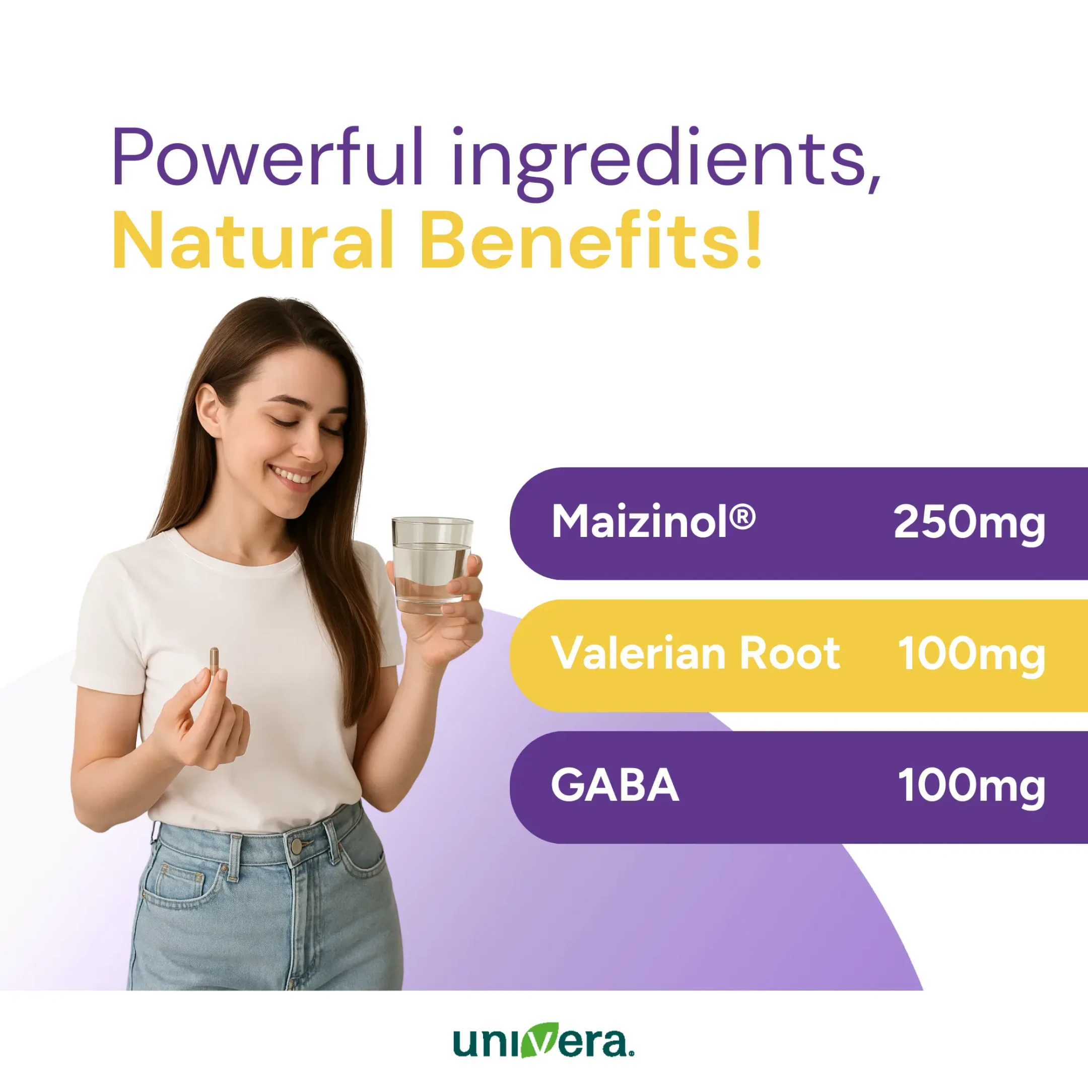 A woman holds a supplement capsule and a glass of water next to a list of ingredients.