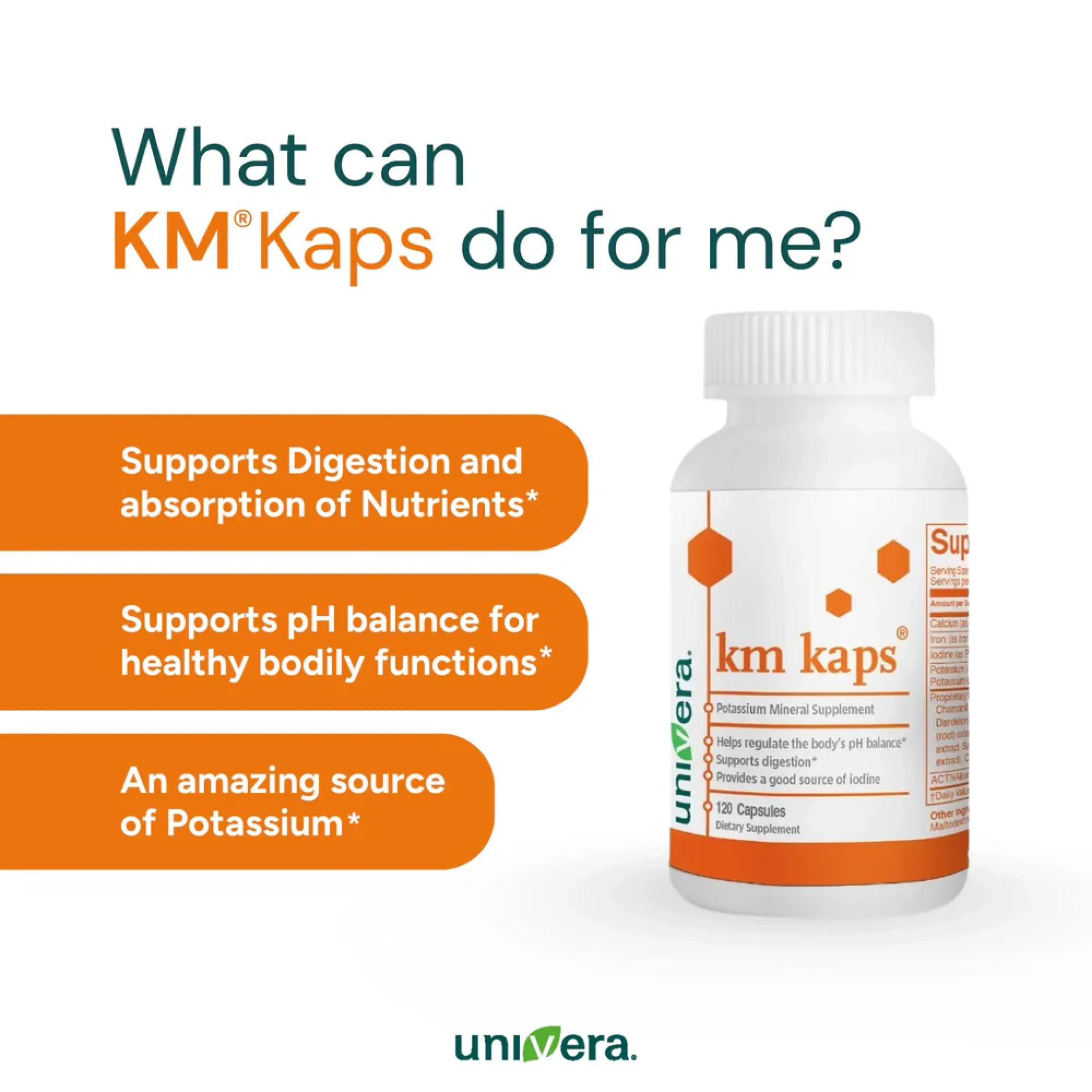 A promotional image for Univera KM Kaps, showing the supplement bottle and a list of its benefits.