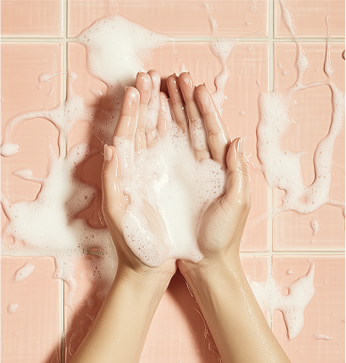 Hands cupping soapy water against a background of pink tiles.