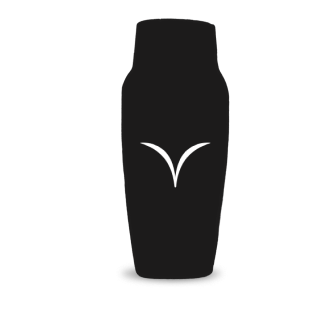 Black vase with a white abstract design on a white background.