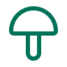A simple, dark green icon of a mushroom with a rounded cap and a thick stem.