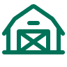 A simple, dark green icon of a barn with large doors.