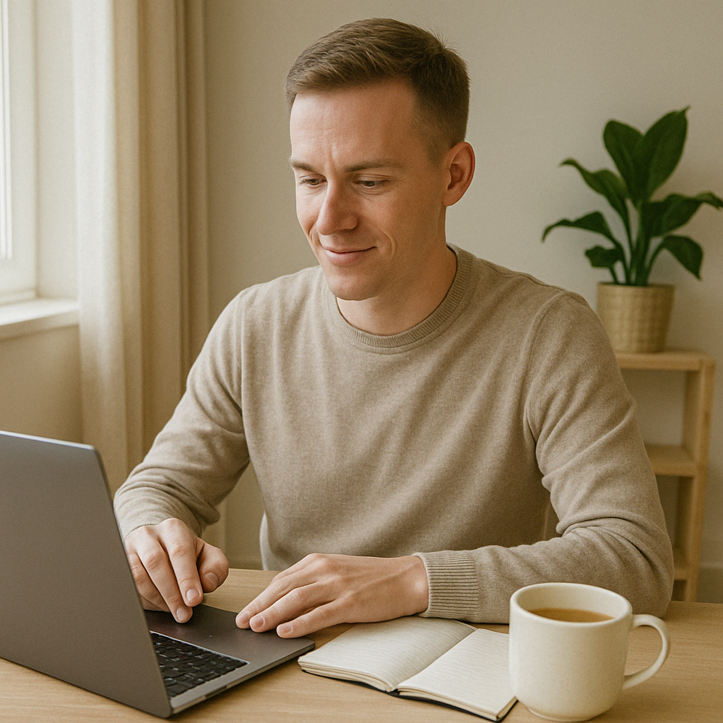 Person using a laptop at a desk with a notebook and coffee.