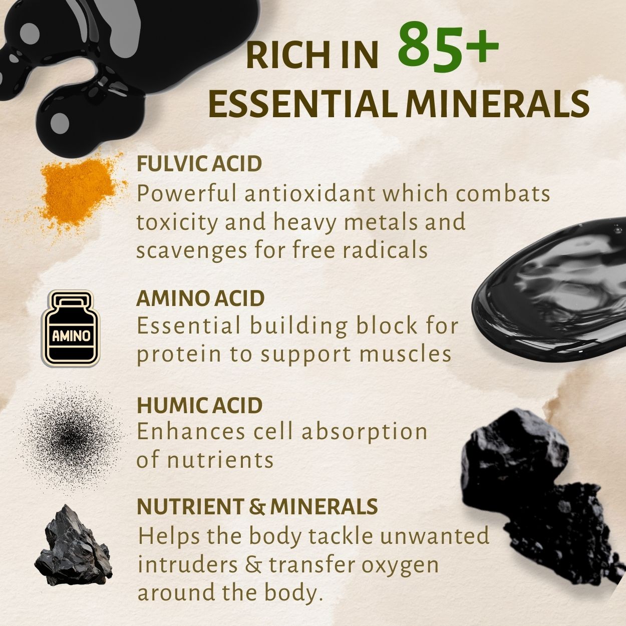 Infographic about essential minerals, including fulvic, amino, humic acids, and nutrients with descriptive text.