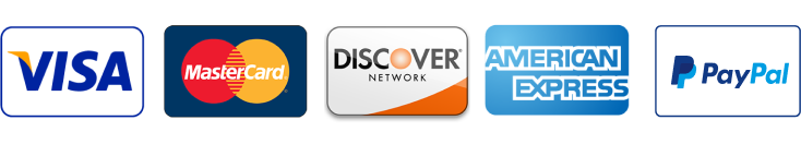 Logos for Visa, MasterCard, Discover, American Express, and PayPal payment options, displayed in a row.