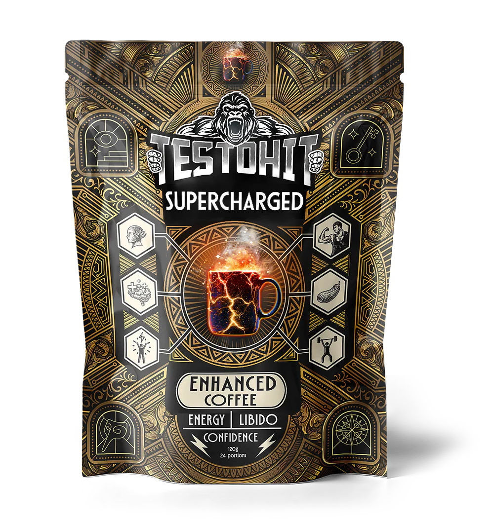 A black and gold pouch of Testohit Supercharged Enhanced Coffee with a gorilla logo.
