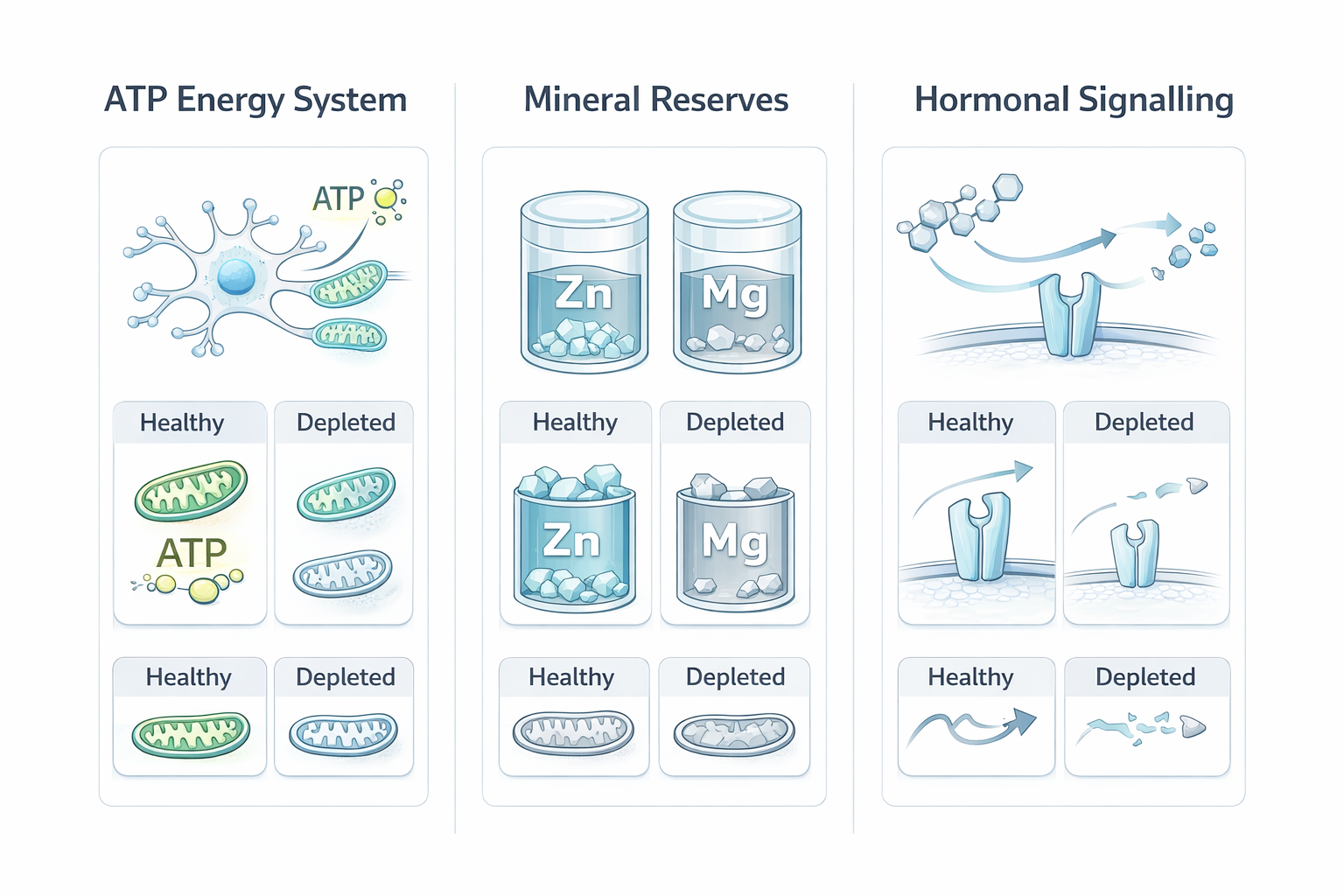 A diagram comparing healthy and depleted states for the ATP energy system, mineral reserves, and hormonal signalling.