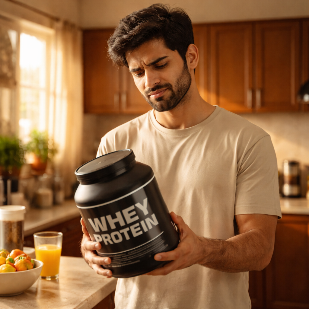 A man in a kitchen looks down at a large black container of whey protein he is holding.