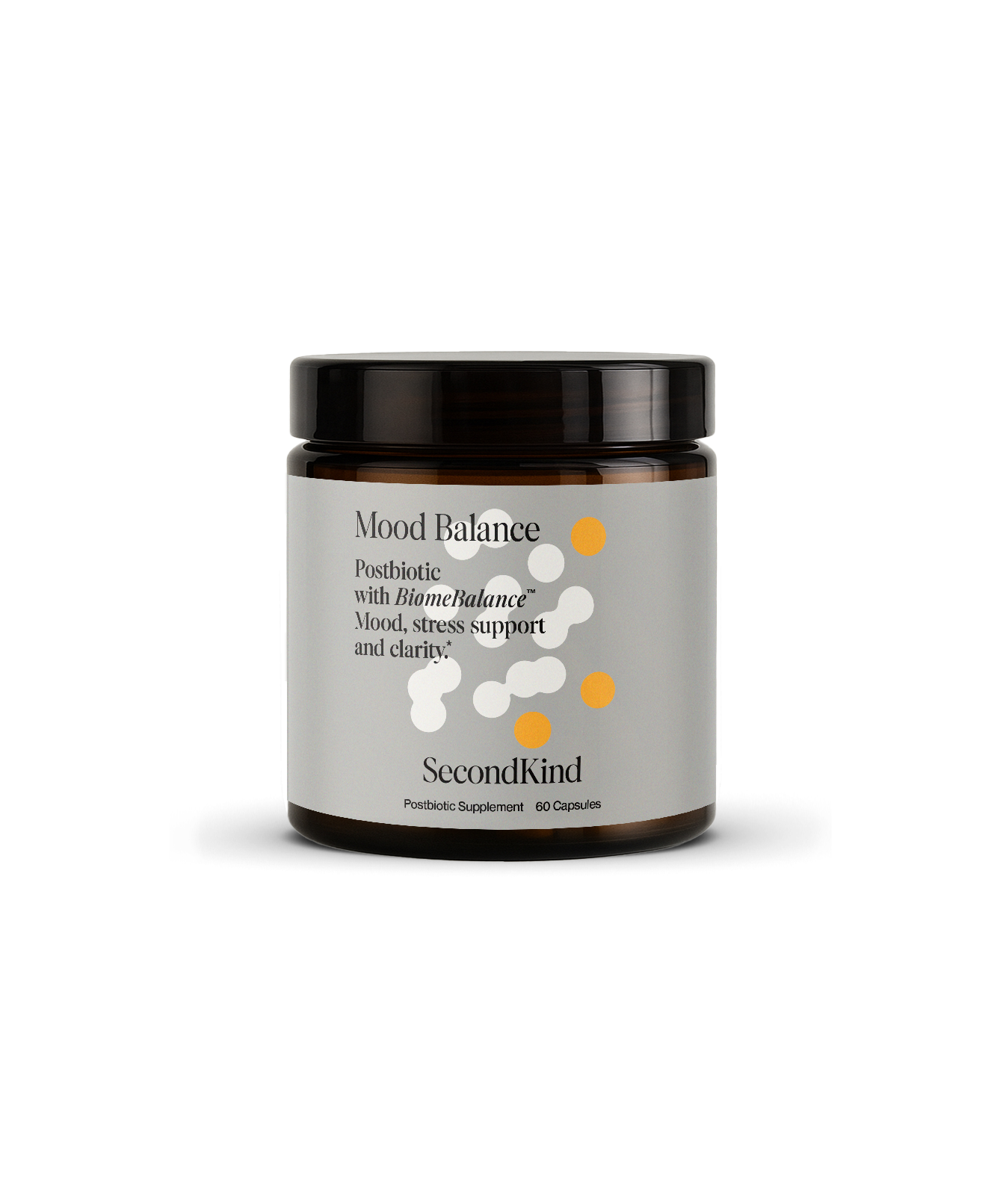 A brown glass jar of SecondKind Mood Balance postbiotic supplement against a white background.