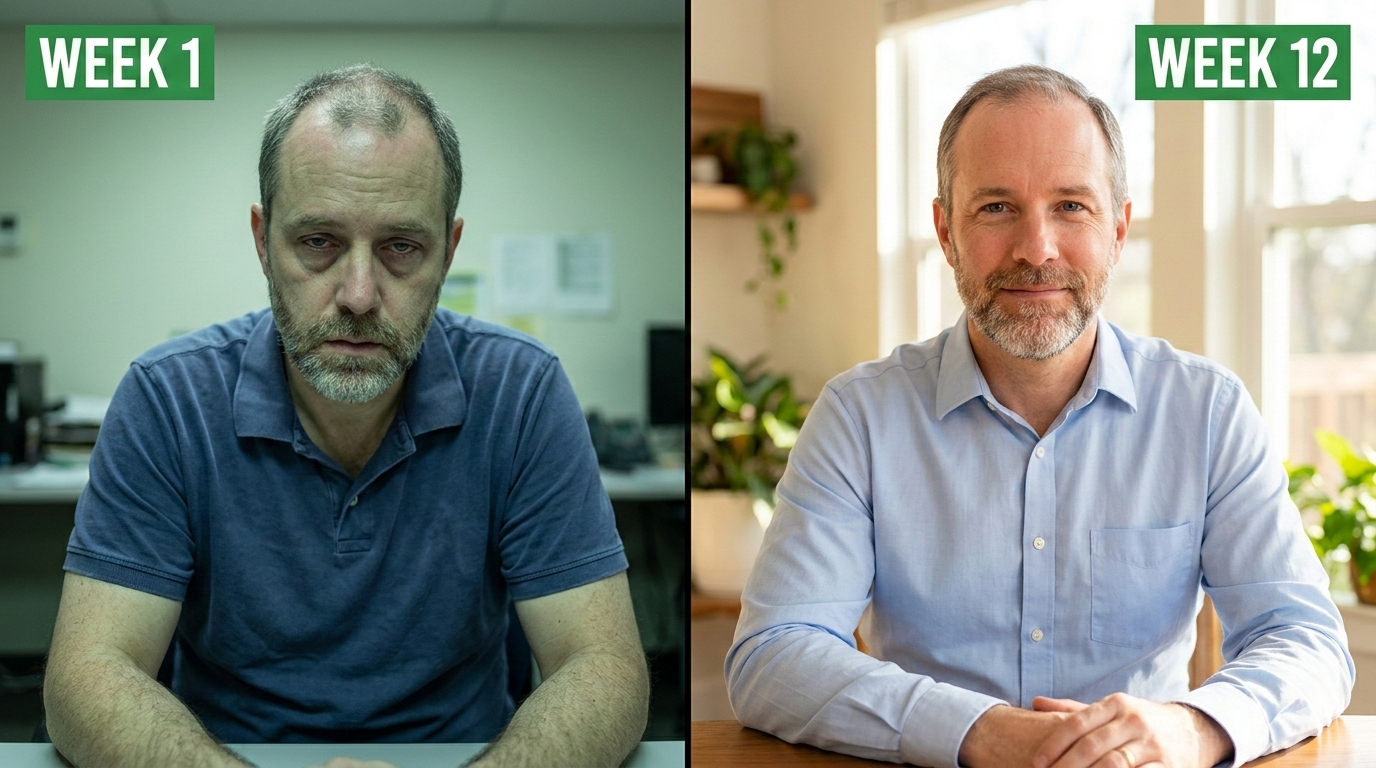 A split image shows a man looking tired at Week 1 and healthier and refreshed at Week 12.