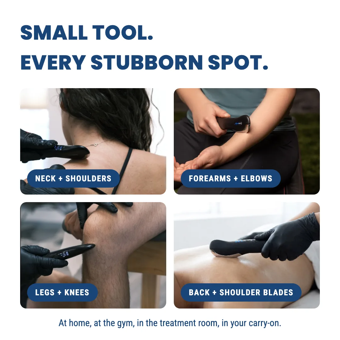 A collage of a small massage tool being used on the neck, forearms, legs, and back.