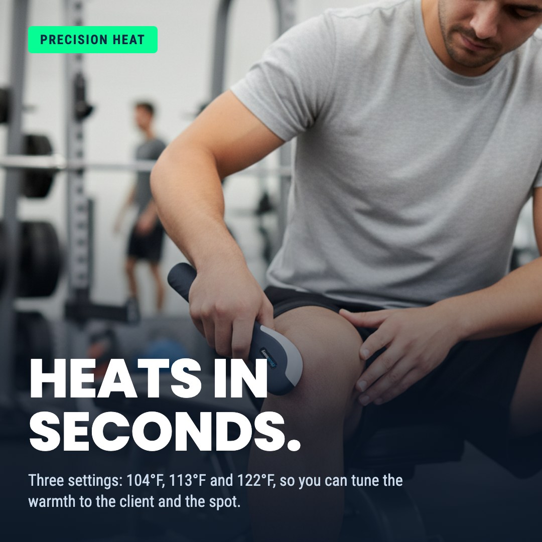 A man in a gym setting uses a handheld heating device on his knee.