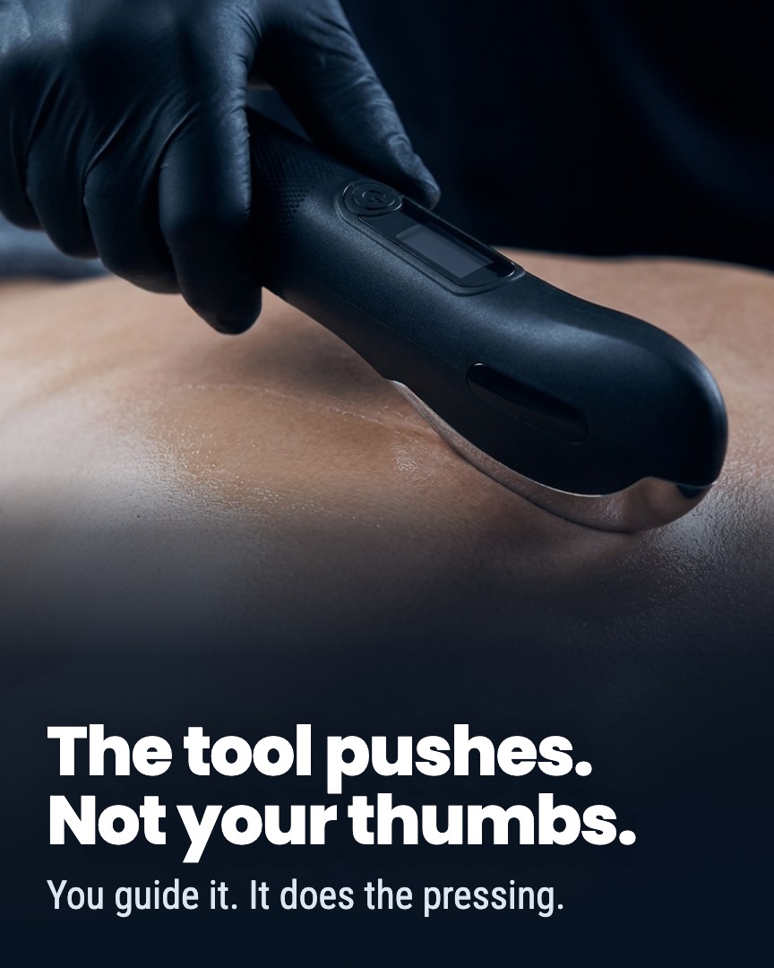 A gloved hand presses an electronic tool against a person's bare back.