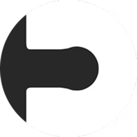 A stylized black arrow icon pointing left inside a white circle.