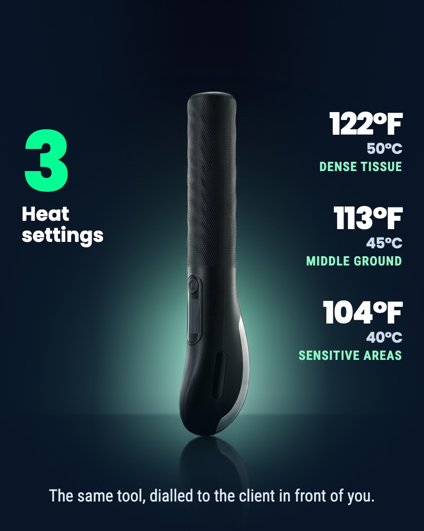 A black handheld therapy tool with text detailing its three heat settings for different tissue sensitivities.
