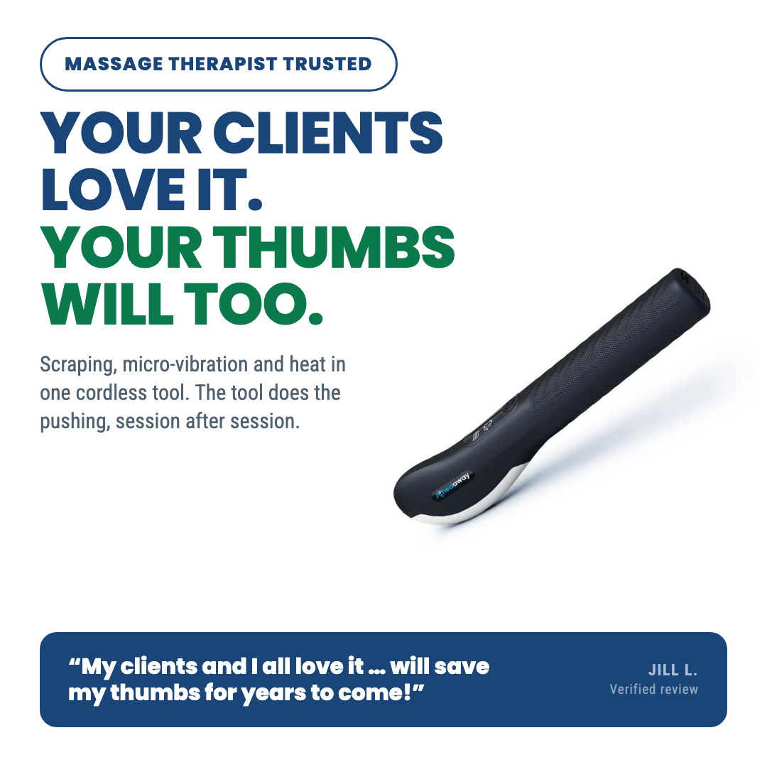 An ad for a cordless massage tool with text and a customer review from Jill L.