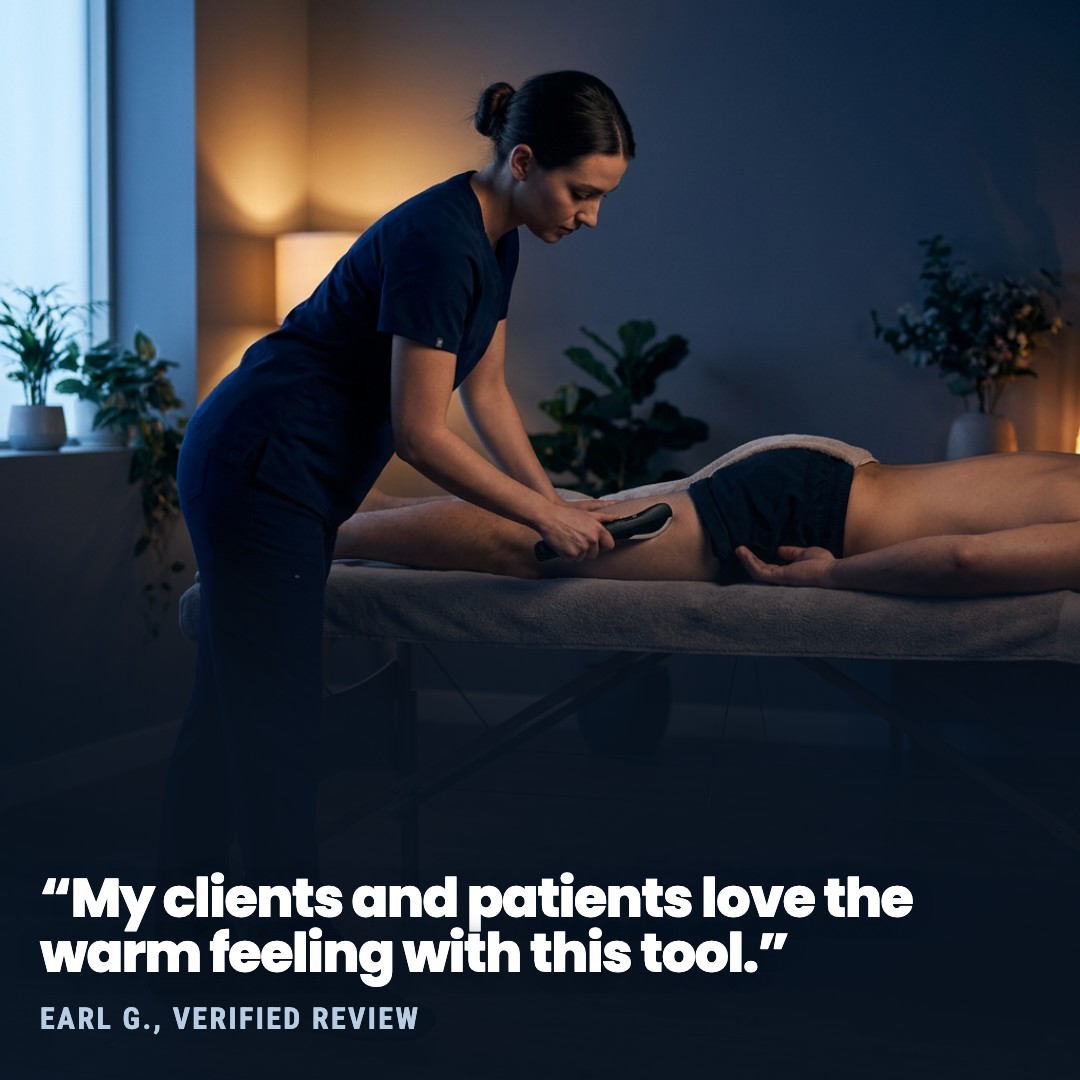 A therapist in scrubs uses a handheld massage tool on a person's leg as they lie on a table.