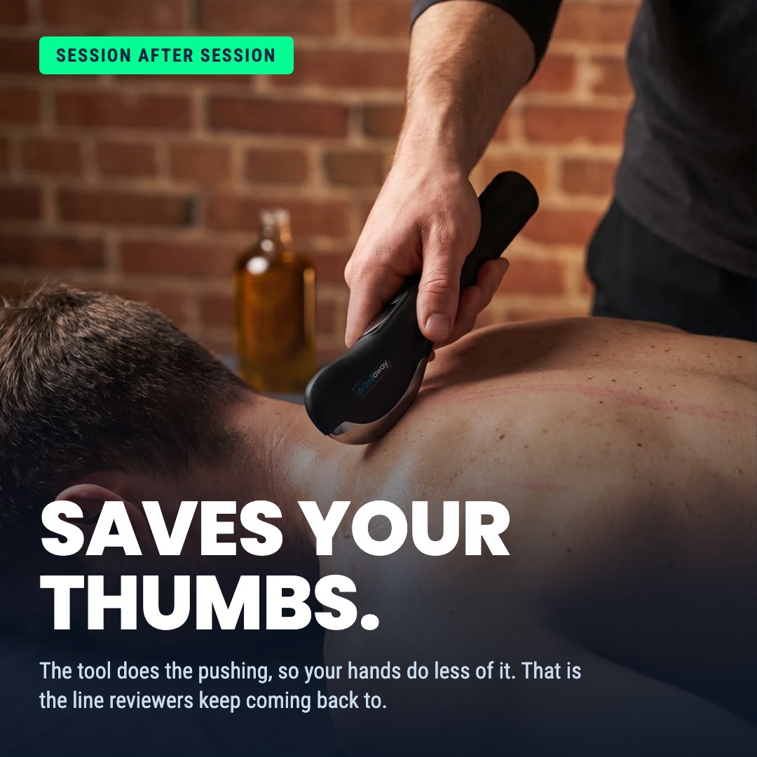 A therapist uses a handheld massage tool on a person's back, with text overlaying the image.