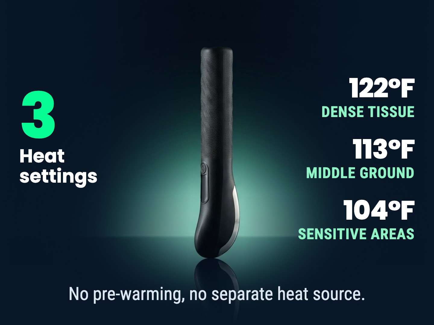 A black heated therapy device is shown with text describing its three temperature settings for different tissue types.