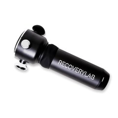 A black handheld percussive massage device from RecoveryLab shown on a white background.