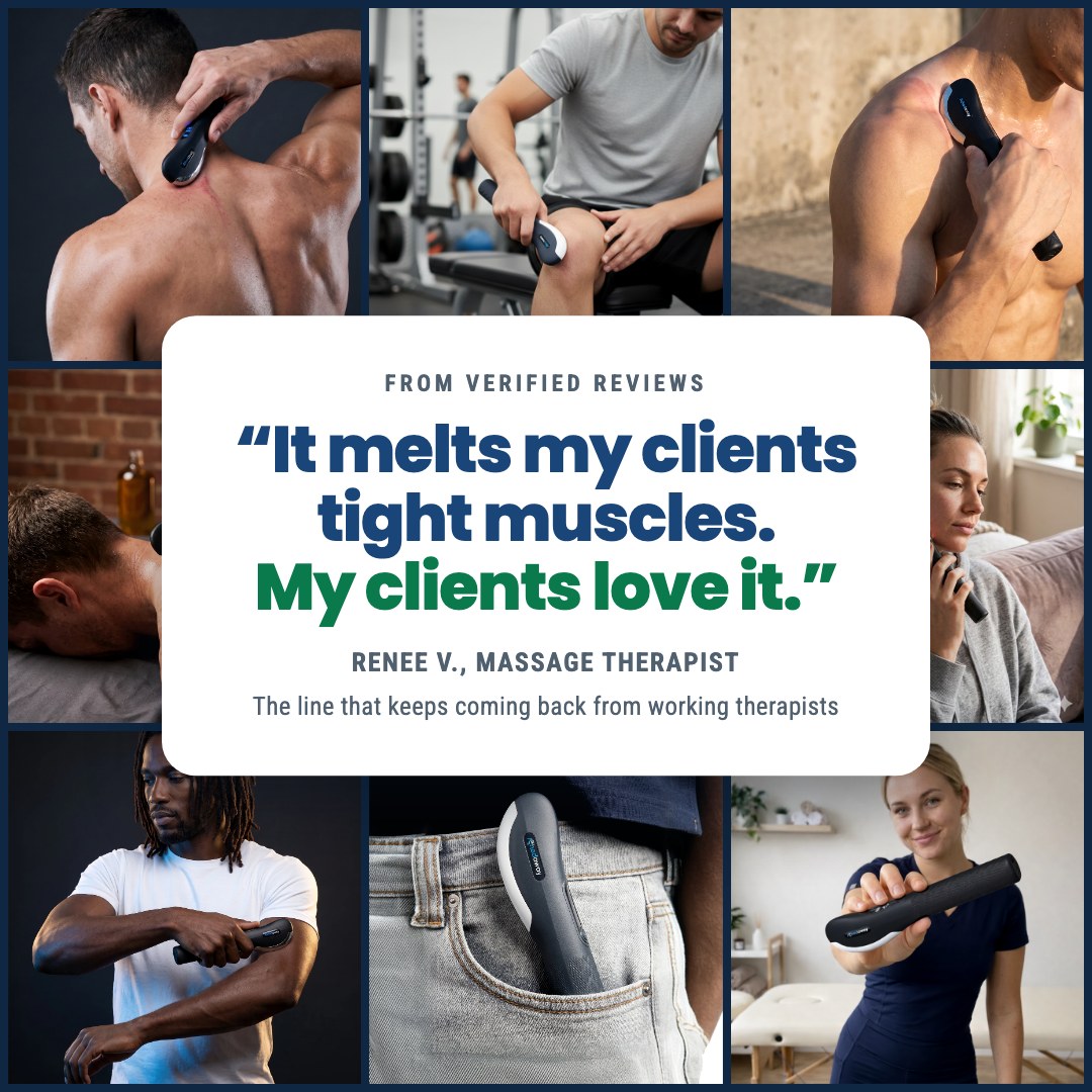 A photo collage of people using a handheld massage tool, with a positive customer review in the center.
