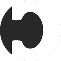 A black abstract shape, cropped on the left, inside a white circle.