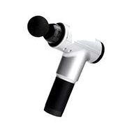 A silver and black percussive massage gun with a round foam head attachment against a white background.