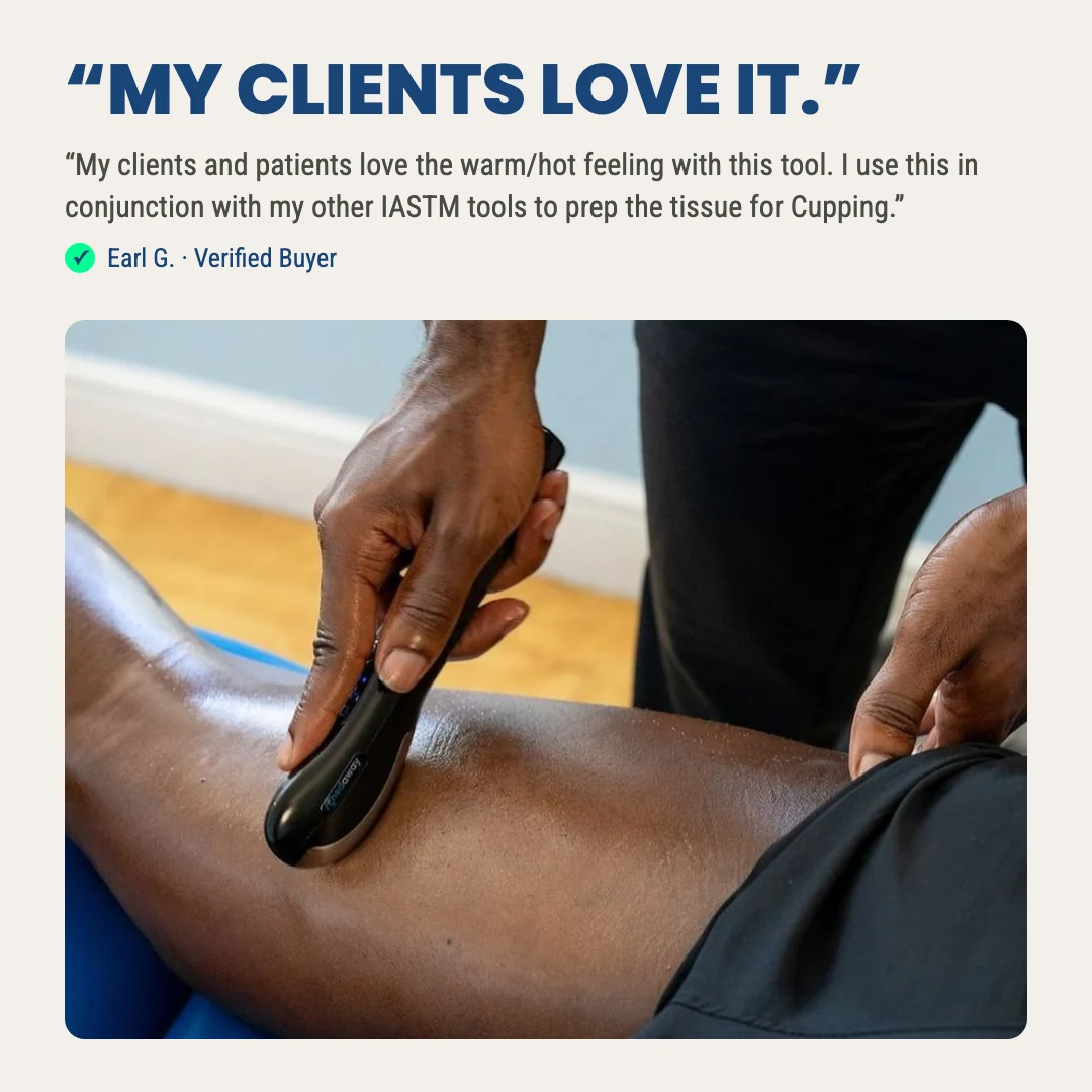 A person uses a black handheld tool to perform therapy on another person's leg.