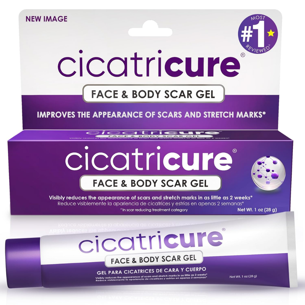 Cicatricure face and body scar gel packaging with purple and white design.