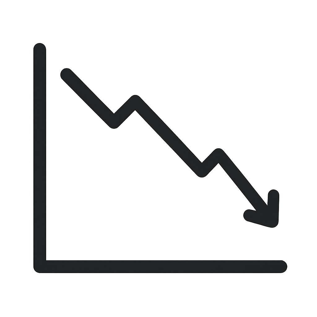 A black downward trending line graph on a brown background.