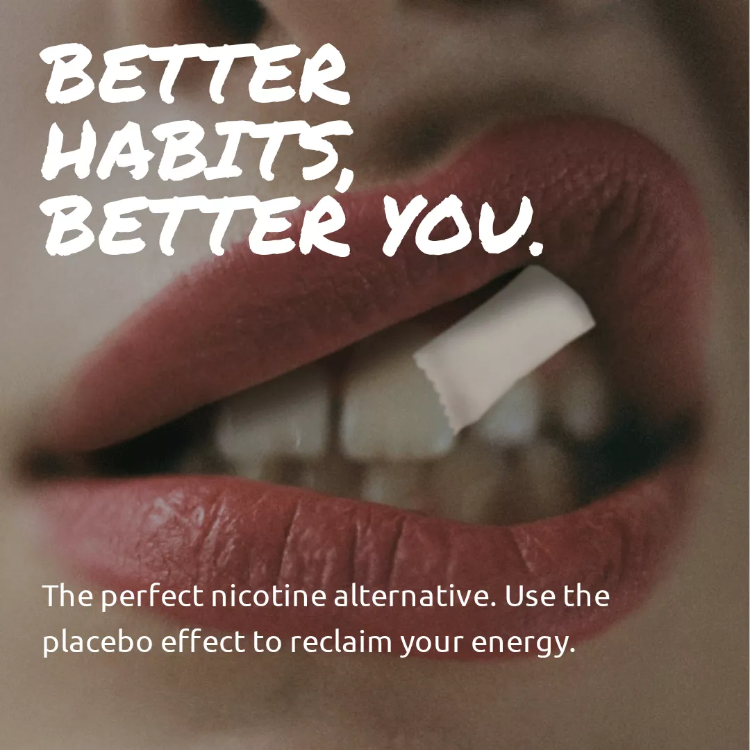 Close-up of lips holding a piece of paper with text overlay.